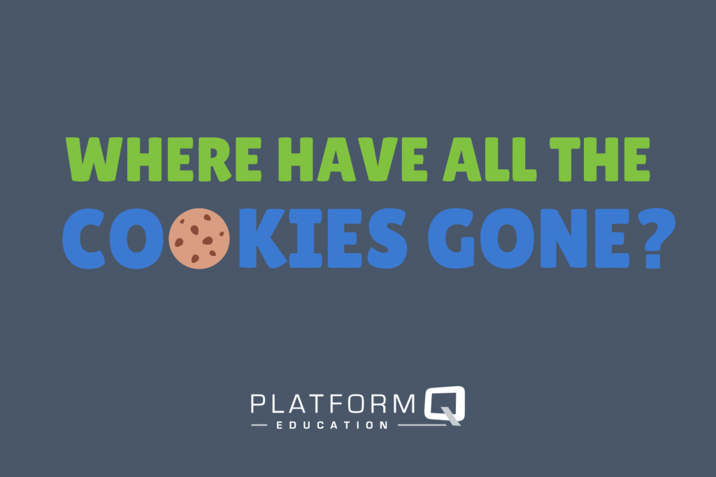 Where Have All The Cookies Gone? in green and blue text with a chocolate chip cookie in the space for the second O in Cookie. The PlatformQ Education logo is in white at the bottom on the image.