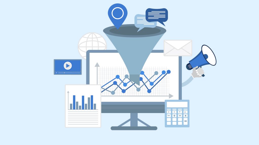 illustration of a computer screen with graph in the center. Additional images go clockwise from top - funnel with a map icon and speech bubbles, envelope, megaphone, calculator, chart, video icon, and globe